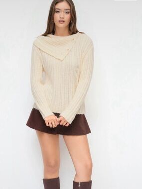 Cider Cream Ribbed Button-Detail Cowl Sweater